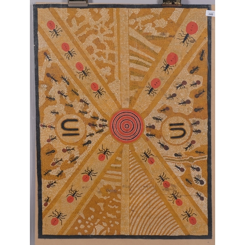 448 - Australian Aboriginal painting on canvas, study of ants, unsigned, 66cm x 88cm, unstretched and unfr... 