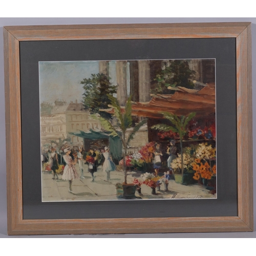 453 - William Scudder, Parisian street market, mid-20th century oil on board, signed, 38cm x 48cm, framed