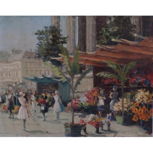 453 - William Scudder, Parisian street market, mid-20th century oil on board, signed, 38cm x 48cm, framed