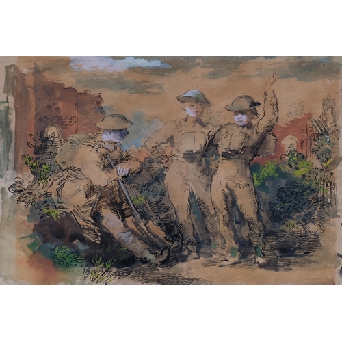 454 - William Dargie (Australian, 1912 - 2003), Second World War Period study of 3 soldiers, ink/watercolo... 