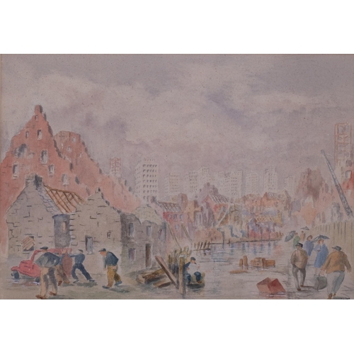 457 - Alec Gowans, mid-20th century bomb damaged buildings, watercolour, 29cm x 41cm, framed