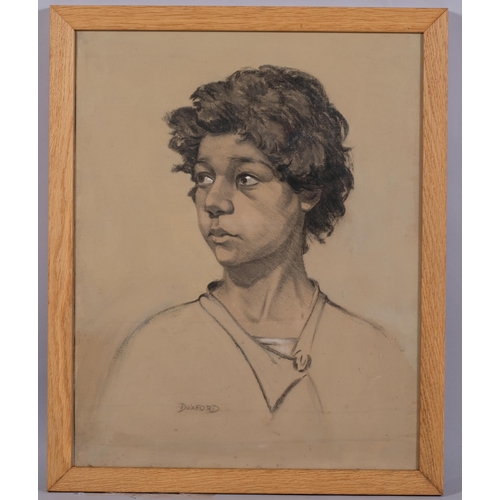 458 - James Doxford (1899 - 1978), portrait of a boy, charcoal/chalk on paper, signed, 48cm x 39cm, framed