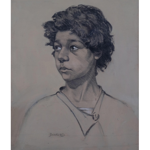 458 - James Doxford (1899 - 1978), portrait of a boy, charcoal/chalk on paper, signed, 48cm x 39cm, framed