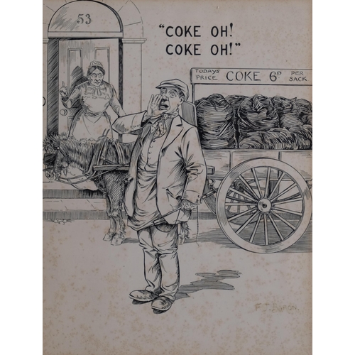 461 - F J Barron, the coal seller, original pen and ink drawing, signed, sheet 36cm x 23cm, framed