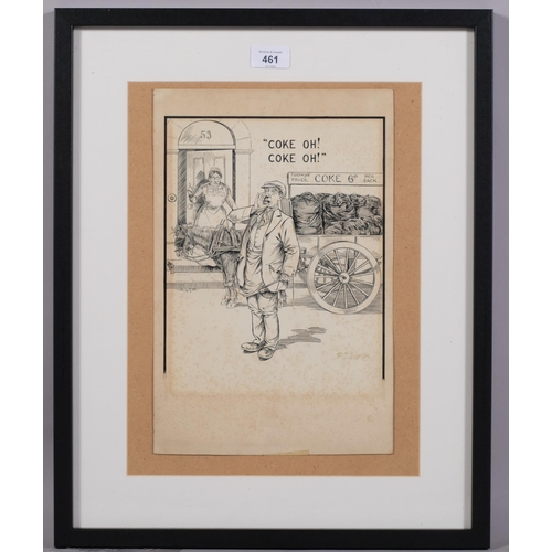 461 - F J Barron, the coal seller, original pen and ink drawing, signed, sheet 36cm x 23cm, framed