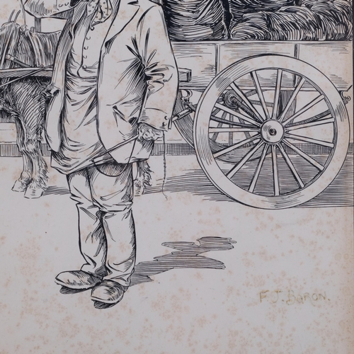 461 - F J Barron, the coal seller, original pen and ink drawing, signed, sheet 36cm x 23cm, framed