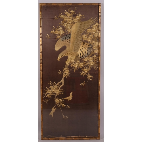 466 - Chinese watercolour on paper, birds and blossom, 117cm x 53cm, a large Chinese silk embroidered pict... 