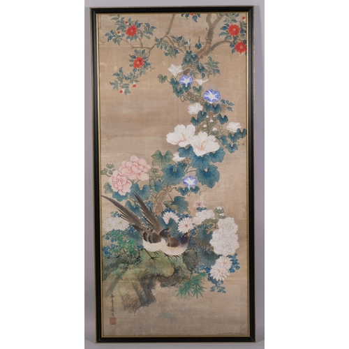 466 - Chinese watercolour on paper, birds and blossom, 117cm x 53cm, a large Chinese silk embroidered pict... 