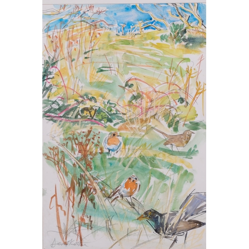 468 - David Koster, birds in the field, watercolour, signed, 56cm x 39cm, mounted