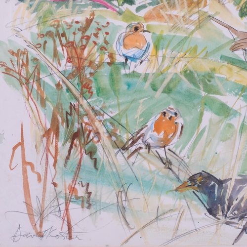 468 - David Koster, birds in the field, watercolour, signed, 56cm x 39cm, mounted