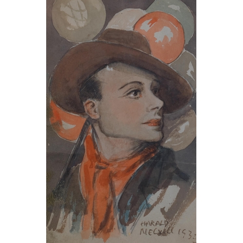 473 - Harald Melvill, watercolour portrait, signed and dated 1933, 21cm x 13cm, framed