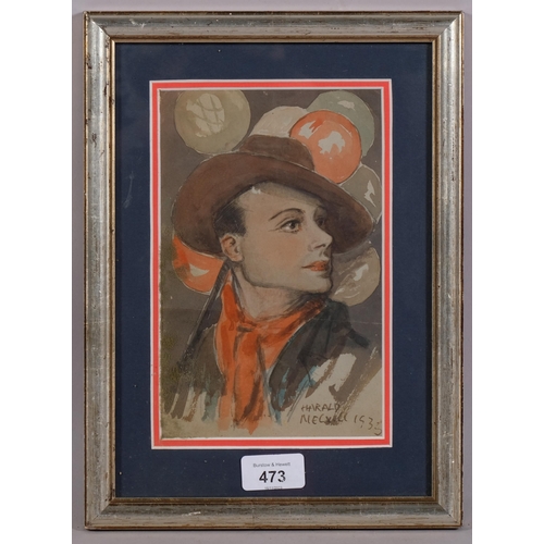 473 - Harald Melvill, watercolour portrait, signed and dated 1933, 21cm x 13cm, framed