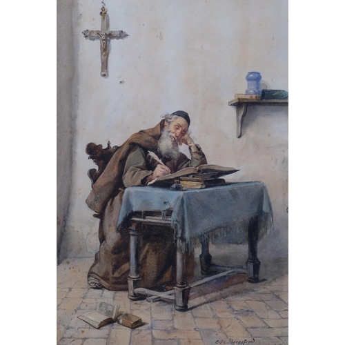 477 - Celia Beresford, monk writing, watercolour, signed, 54cm x 36cm, framed