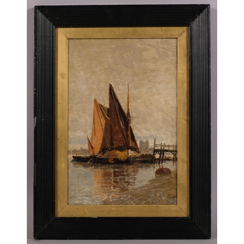 478 - Hay barges on the Thames, late 19th century oil on canvas, signed with monogram, 29cm x 19cm, framed