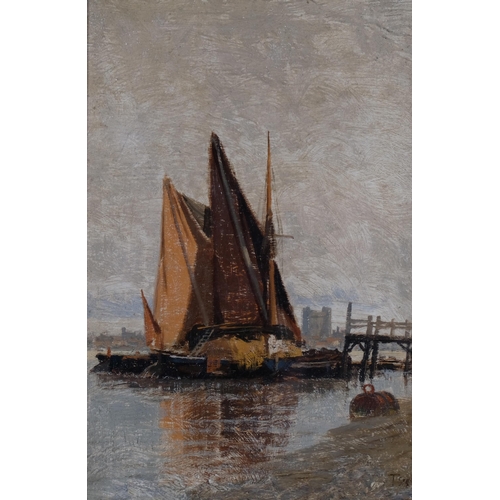 478 - Hay barges on the Thames, late 19th century oil on canvas, signed with monogram, 29cm x 19cm, framed