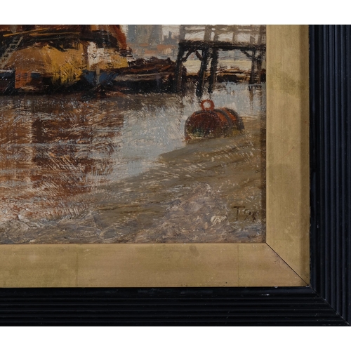 478 - Hay barges on the Thames, late 19th century oil on canvas, signed with monogram, 29cm x 19cm, framed