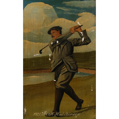 481 - GOLFING INTEREST - portrait of Jock Hutchinson, oil on board, unsigned, 49cm x 31cm, framed