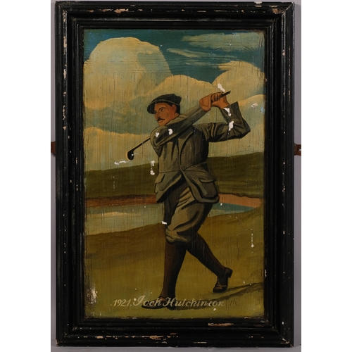 481 - GOLFING INTEREST - portrait of Jock Hutchinson, oil on board, unsigned, 49cm x 31cm, framed