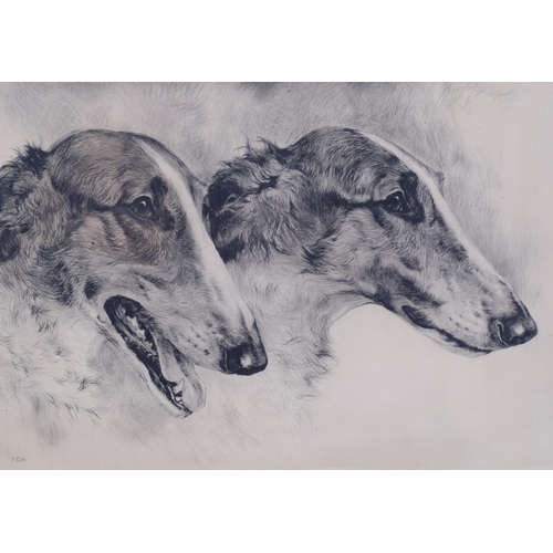 484 - Kurt Meyer Eberhardt, 2 Borzoi dogs, etchings, signed in pencil, image 34cm x 48cm, framed