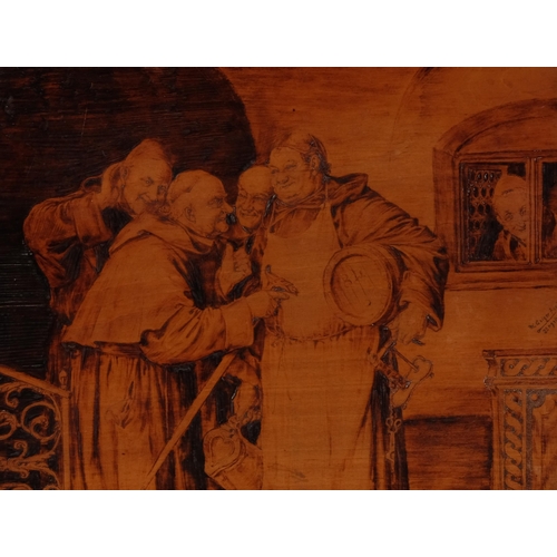 489 - W Geiger, monks in a wine cellar, pyrographic pokerwork picture, 21cm x 27cm, framed