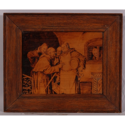 489 - W Geiger, monks in a wine cellar, pyrographic pokerwork picture, 21cm x 27cm, framed