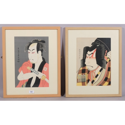 493 - 2 Japanese colour woodblock prints, 39cm x 25cm, framed (2)