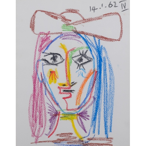 497 - Manner of Picasso, modernist head portrait, crayon on paper, 34cm x 27cm, framed