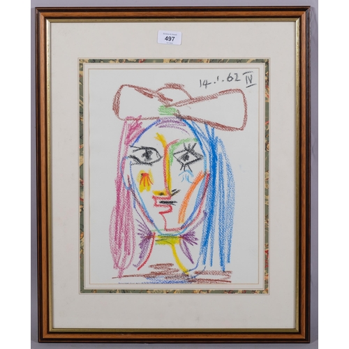 497 - Manner of Picasso, modernist head portrait, crayon on paper, 34cm x 27cm, framed