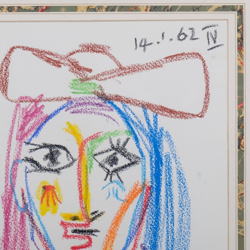 497 - Manner of Picasso, modernist head portrait, crayon on paper, 34cm x 27cm, framed