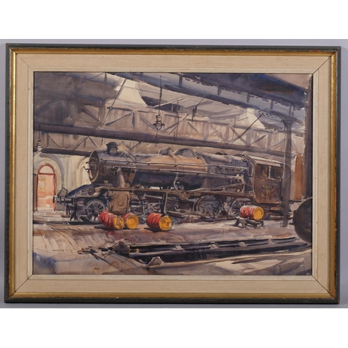 498 - Ralph Hartley (1926 - 1988), railway engine shed, 55cm x 75cm, framed