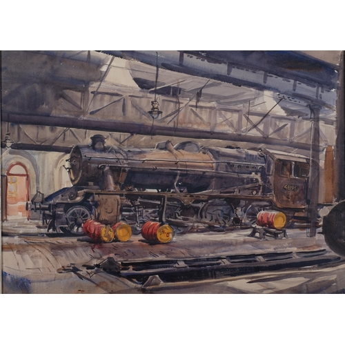 498 - Ralph Hartley (1926 - 1988), railway engine shed, 55cm x 75cm, framed