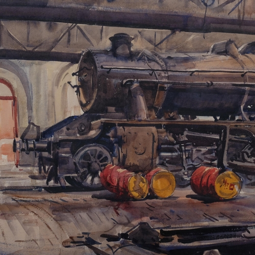 498 - Ralph Hartley (1926 - 1988), railway engine shed, 55cm x 75cm, framed