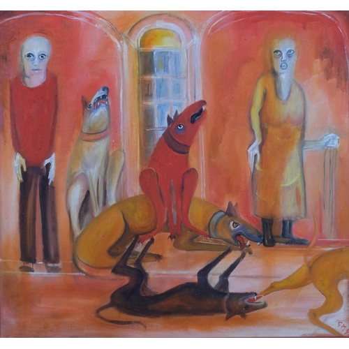 499 - Going Walkies, contemporary oil on canvas, signed with monogram GM '92, 60cm x 65cm, framed