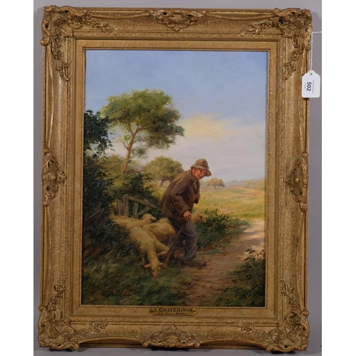 502 - Ernest Chateignon (1863 - 1910), shepherd and sheep, oil on canvas, signed, 46cm x 32cm, framed