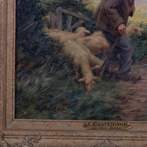 502 - Ernest Chateignon (1863 - 1910), shepherd and sheep, oil on canvas, signed, 46cm x 32cm, framed