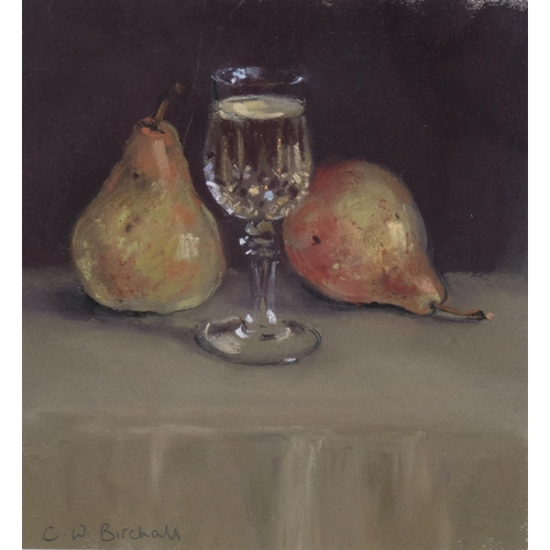 505 - Christine Birchall, pears and Chablis, coloured pastels, signed, 19cm x 18cm, framed