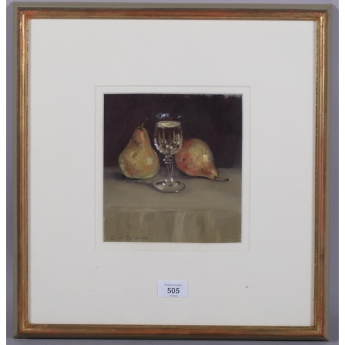 505 - Christine Birchall, pears and Chablis, coloured pastels, signed, 19cm x 18cm, framed