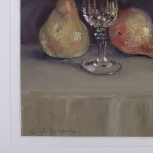 505 - Christine Birchall, pears and Chablis, coloured pastels, signed, 19cm x 18cm, framed