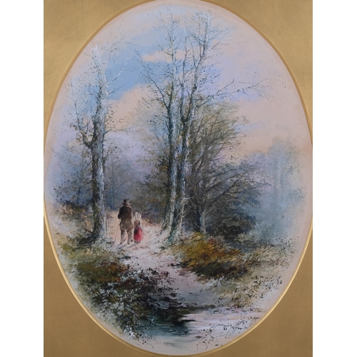 512 - Thomas Dingle Junior (1844-1919), oil on board, A Winter Walk, 43cm x 33cm, signed, mounted, glazed ... 