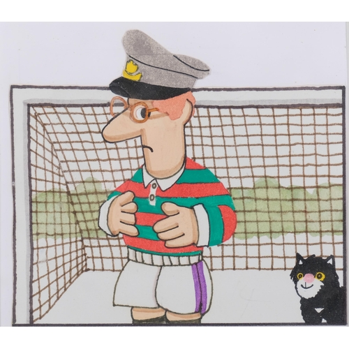 517 - Original Postman Pat illustration, pen and ink on card, Postman Pat in Goal, 11cm x 12cm, mounted, g... 