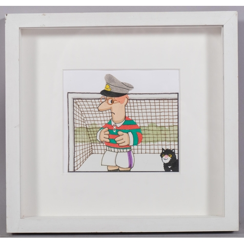 517 - Original Postman Pat illustration, pen and ink on card, Postman Pat in Goal, 11cm x 12cm, mounted, g... 