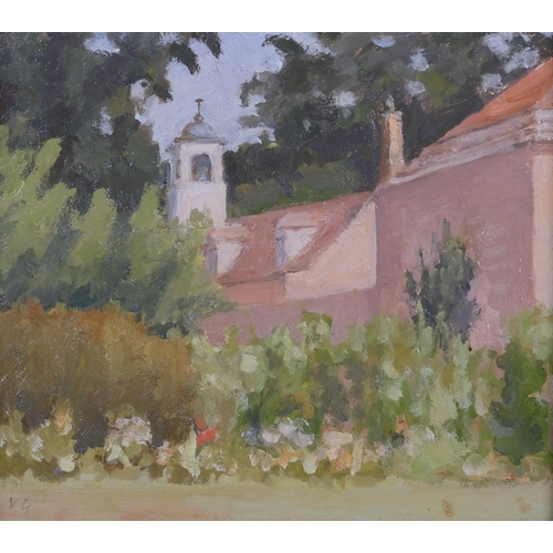 527 - Vita Gollancz (1926-2009), oil on board, Clocktower and Stable from the Walled Garden, High Hall, si... 