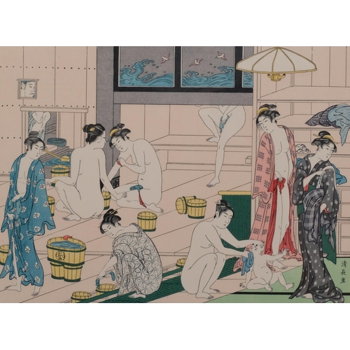 530 - Kiyonaga Torii (1752-1815), woodcut in colours on paper, Interior of a Women’s Bath House Where a Ne... 