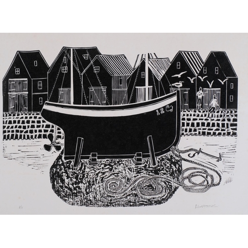 553 - Robert Tavener (1920 - 2004), Sussex boats and net huts, linocut print, signed in pencil, sheet 39cm... 