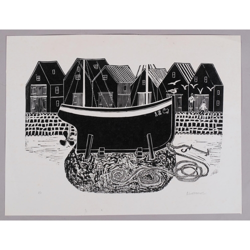 553 - Robert Tavener (1920 - 2004), Sussex boats and net huts, linocut print, signed in pencil, sheet 39cm... 