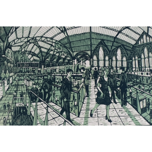 561 - Thomas Till, London station (Liverpool Street?), linocut print, signed in pencil, no. 10/10, sheet 8... 