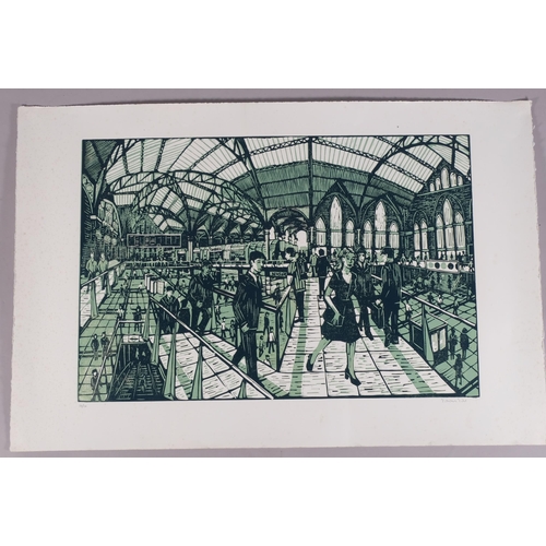 561 - Thomas Till, London station (Liverpool Street?), linocut print, signed in pencil, no. 10/10, sheet 8... 