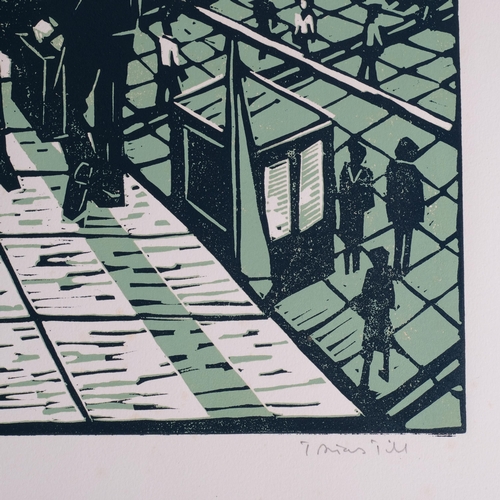 561 - Thomas Till, London station (Liverpool Street?), linocut print, signed in pencil, no. 10/10, sheet 8... 