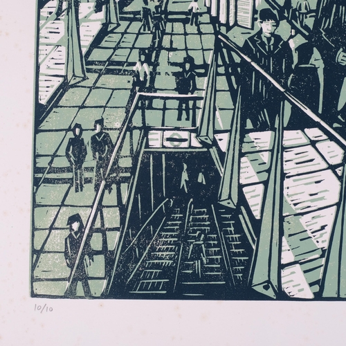 561 - Thomas Till, London station (Liverpool Street?), linocut print, signed in pencil, no. 10/10, sheet 8... 