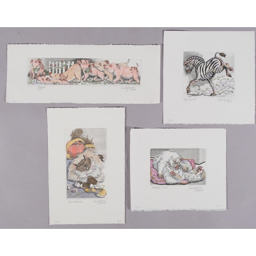 563 - Enid Jones, 4 animal studies, hand coloured etchings, all signed and numbered in pencil